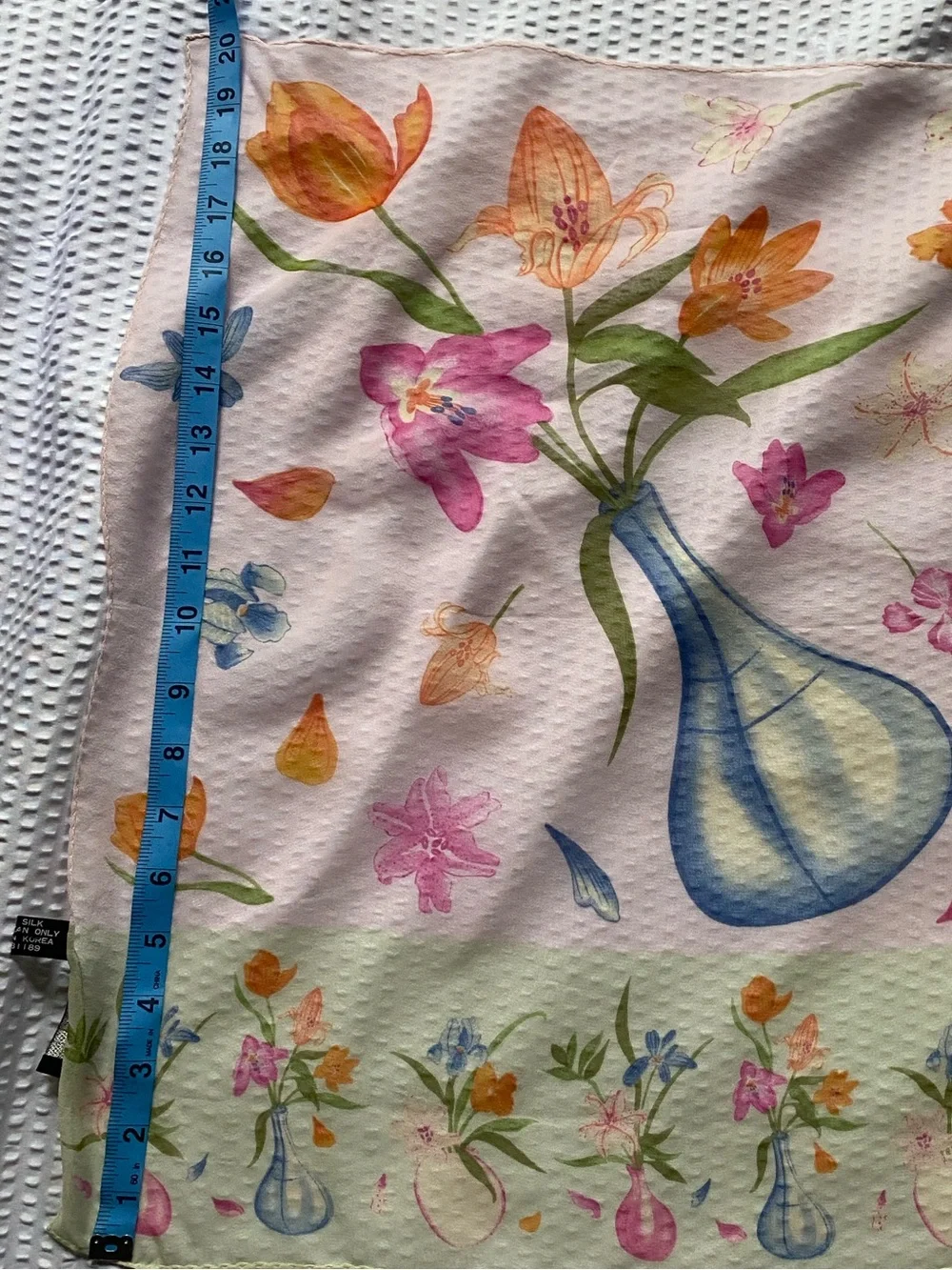 Vintage Halston Floral Vase Silk Chiffon Scarf in Pink, Blue & Orange